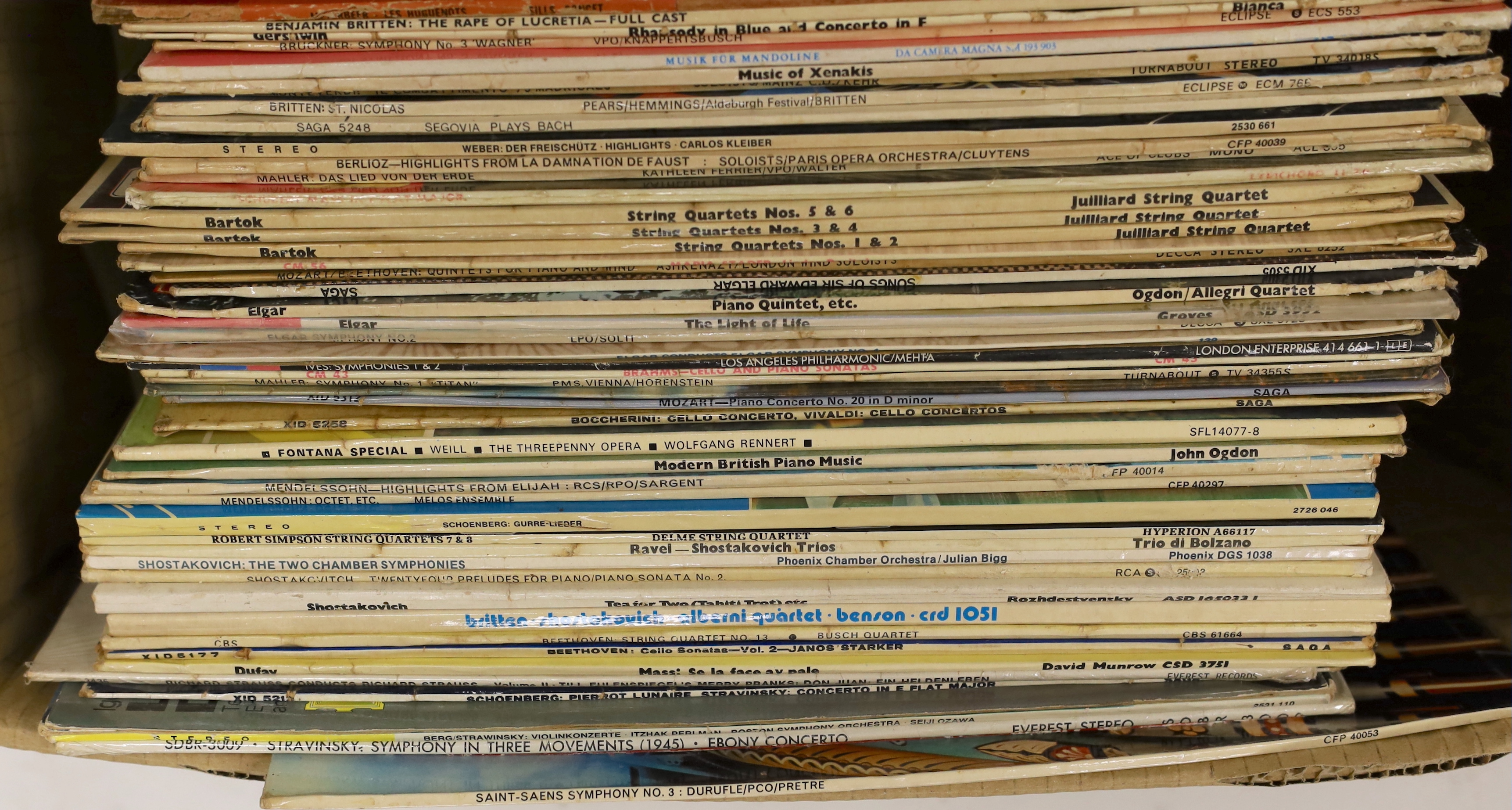 A collection of classical music and opera LPs, including thirty-eight box sets with a number of Wagner operas, recordings from Bayreuth, etc. other composers include Elgar, Bach, Bartok, Bruckner, Shostakovich, Delius, e